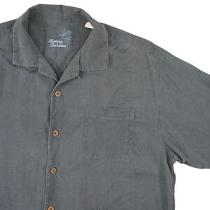 Tommy Bahama Mens Large Silk Camp Shirt Gray Jacquard Tropical Leaf Hawaiian